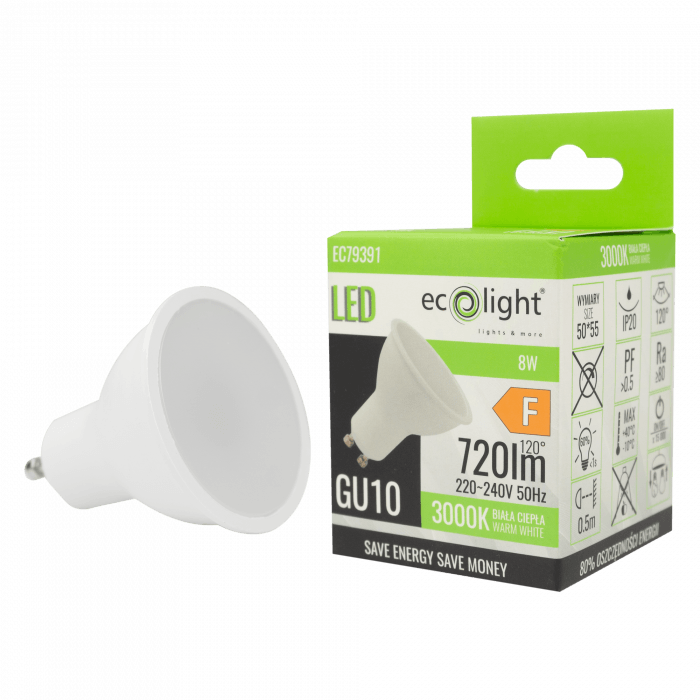 Żarówka LED GU10 8W ~ 60W 3000K BIAŁA Ciepła